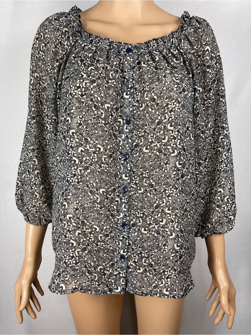 H&M Navy and White Floral Button-Front Peasant Blouse